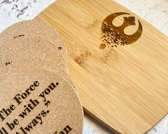 Small Star Wars Bamboo Cutting Board and Cork Coasters Gift Set