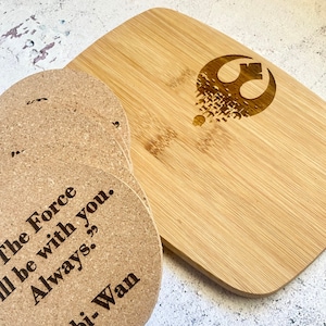 Small Star Wars Bamboo Cutting Board and Cork Coasters Gift Set