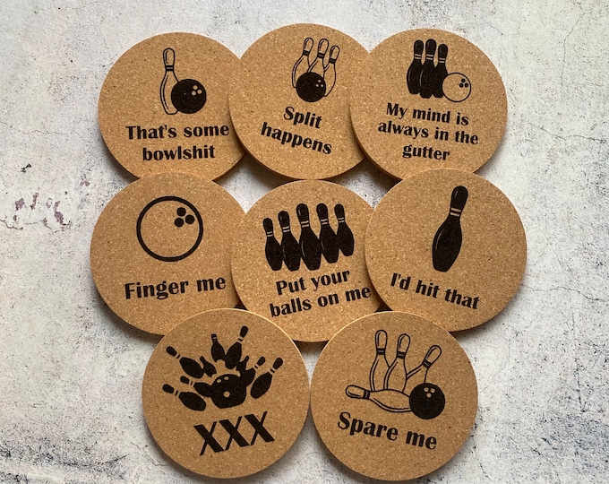 Funny Bowling Themed Cork Coasters Set