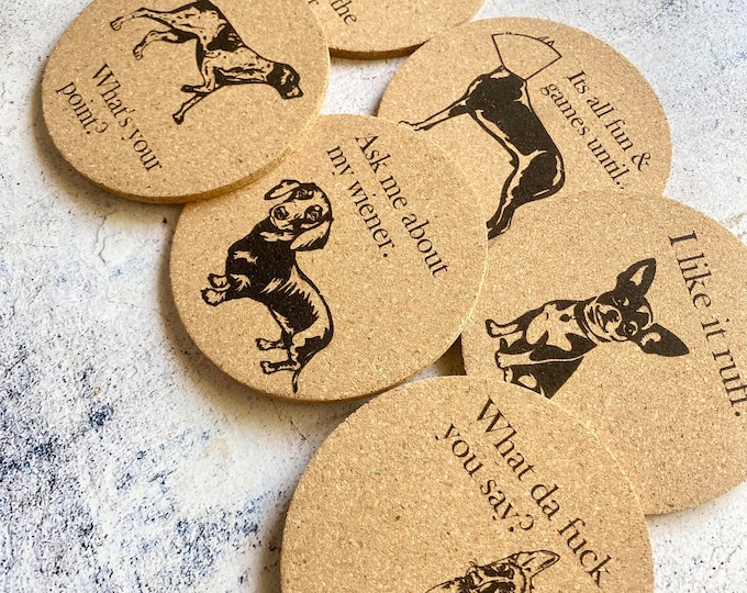 Funny Dog Cork Coasters Set of Six