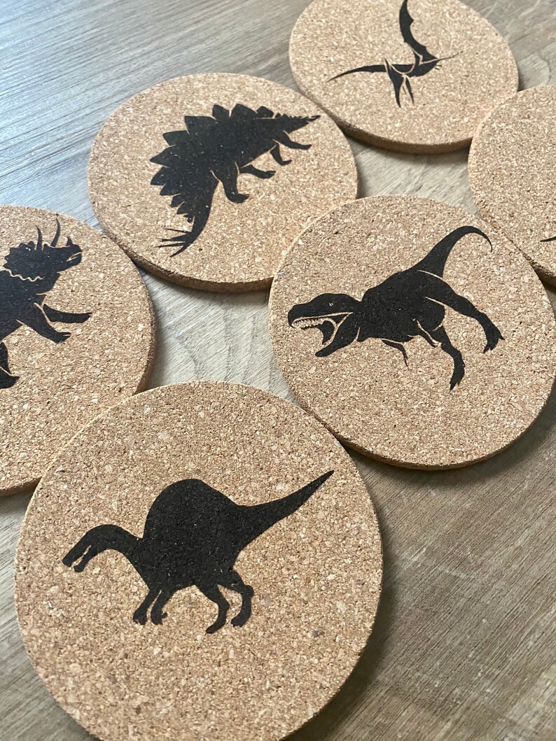 Dinosaur Cork Coasters Set of Six Custom Engraved Dinosaur Etsy
