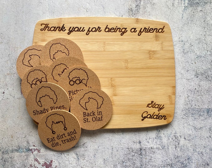 Lrg Golden Girls Gift Set with Bamboo Cutting Board and Cork Coasters