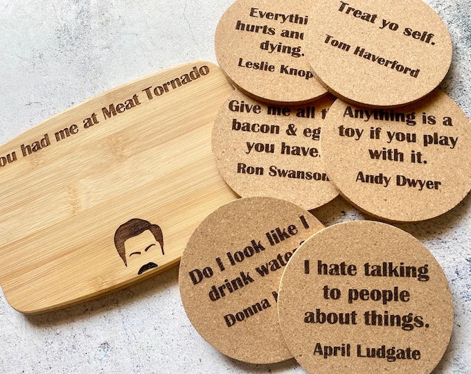 Small Parks And Rec Cork Coaster and Bamboo Cutting Board Gift Set