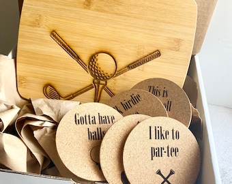 Med Funny Golf Themed Gift Set, Bamboo Cutting Board, Funny Coaster Set Bar Coaster Set Drinking Coasters Fathers Day
