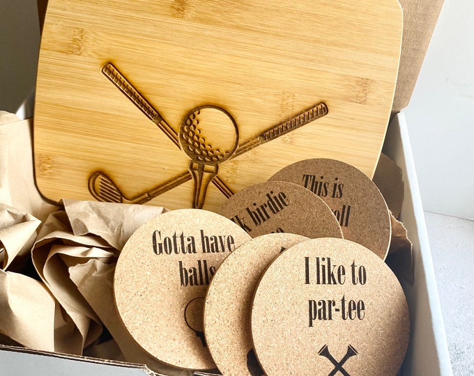 Med Funny Golf Themed Gift Set, Bamboo Cutting Board, Funny Coaster Set Bar Coaster Set Drinking Coasters Fathers Day