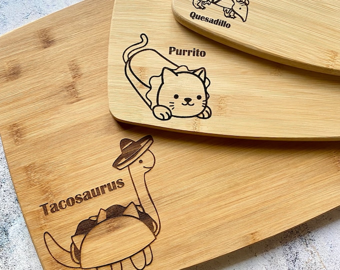 Tacosaurus Cutting Board Set of Three Engraved Bamboo Cutting Boards