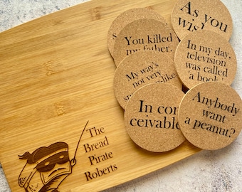 Lrg Princess Bride Bamboo Cutting Board and Cork Coasters Gift Set