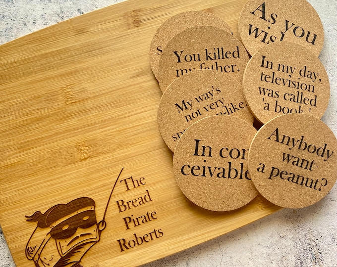 Lrg Princess Bride Bamboo Cutting Board and Cork Coasters Gift Set