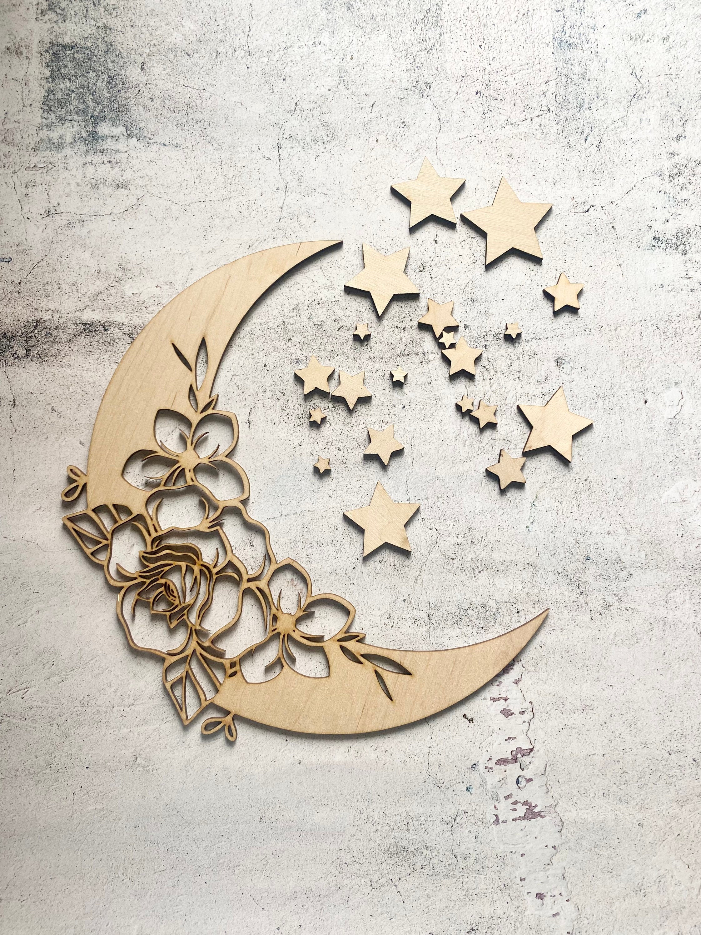 Boho Floral Wooden Moon and Stars Laser Cut Birch Woodboho Etsy