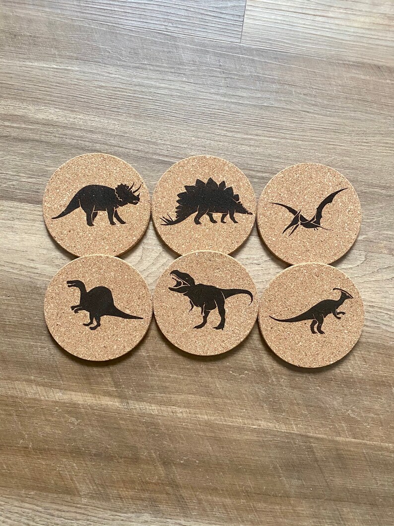 Dinosaur Cork Coasters Set of Six Custom Engraved Dinosaur Etsy