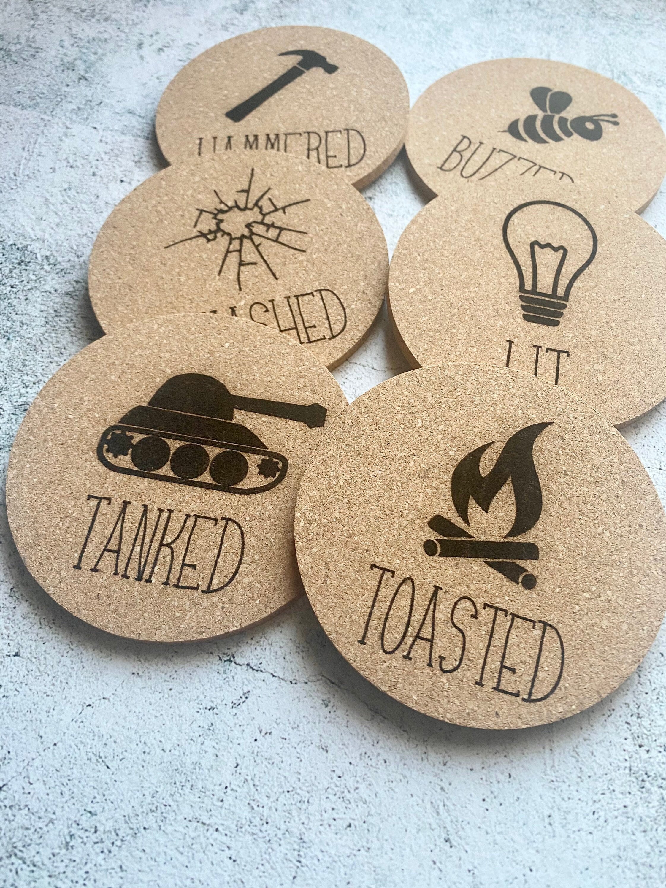 Buzzed Funny Cork Coasters Set of Six Hammered Lit Smashed Tanked