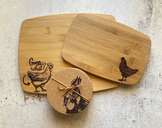 Chicken Cutting Board and Coaster Set: Mother Clucker Kitchen Decor