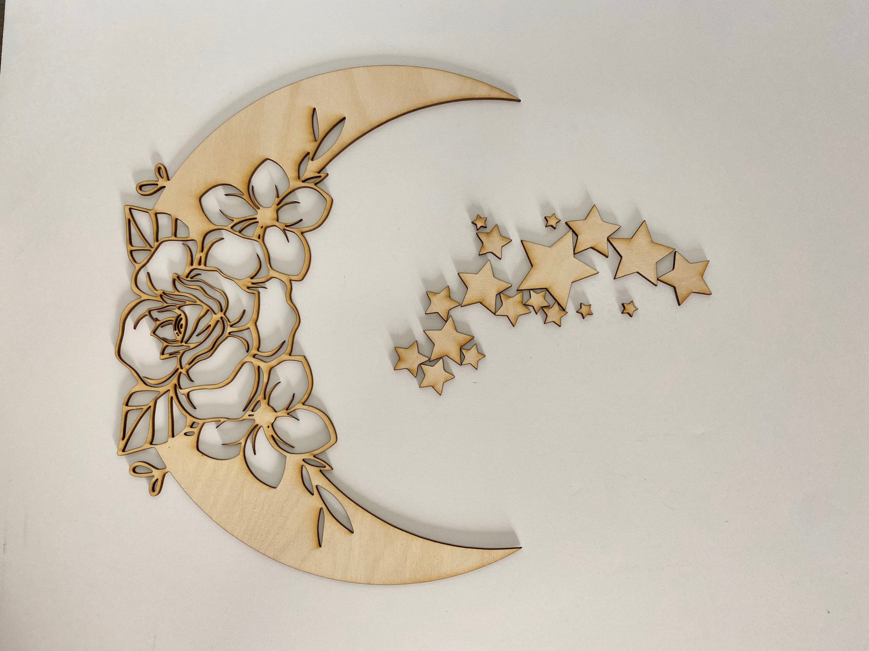 Boho Floral Wooden Moon and Stars Laser Cut Birch Woodboho Etsy