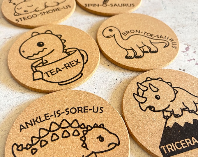 Funny Puns Dinosaur Cork Coasters Set of Six
