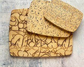 Naughty Parts Bamboo Cutting Board Set of Three, Cockcuterie, Charbooberie, Charcoocherie, Engraved Cutting Board