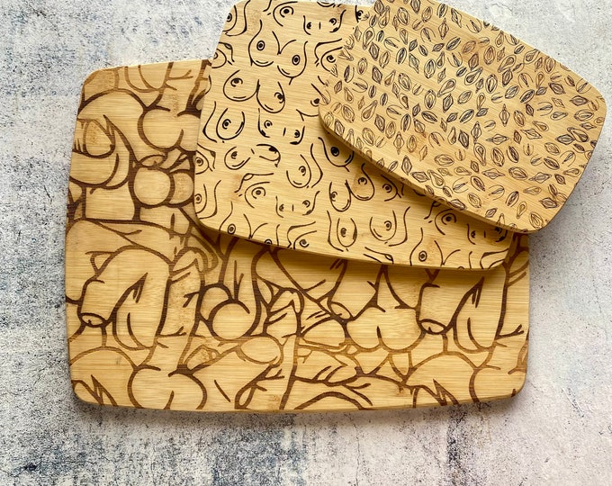 Naughty Parts Bamboo Cutting Board Set of Three, Cockcuterie, Charbooberie, Charcoocherie, Engraved Cutting Board