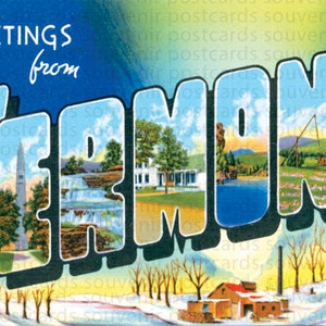 Vermont, cartões postais de Vermont, cartões postais vintage de Vermont, cartão postal de viagem de Vermont, impressão de arte de Vermont, arte de parede vintage de Vermont, decoração de Vermont