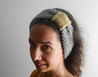 Gray ear warmer, Yellow pale handknit headband, hand knitted women's headband, wool headband, winter turban, hand knitted turban