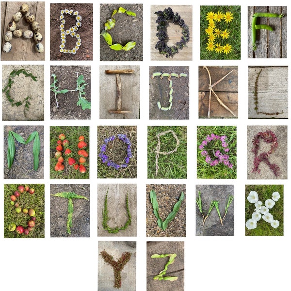 Tarjetas del alfabeto de la naturaleza descarga digital imprimible Recurso natural de los primeros años EYFS Imágenes del alfabeto infantil Montessori