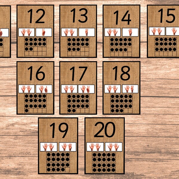 Cartes numériques à trame des dizaines imprimables 11-20 chiffres subits à imprimer sur les doigts pour compter les cartes flash ressource d'affichage pour les mathématiques maîtrise des mathématiques de l'eyfs