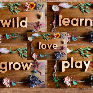 Carte con parole a tema naturale, stampabili in digitale, risorse per l'aula di fiori, poster con lettere, esposizione di natura, istruzione parentale, scuola Waldorf nella foresta.
