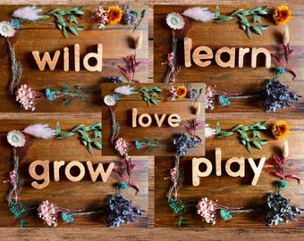 Natural themed word cards digital printable flower classroom resource poster letters display nature homeschool Waldorf forest school