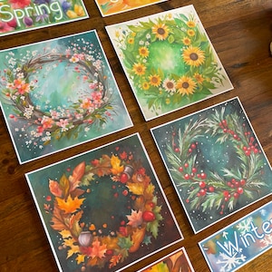 Cartões de exibição das estações, impressão digital, recurso escolar em casa, quadro de exibição em sala de aula, quadro de avisos, cartões de calendário, primavera, verão, outono e inverno