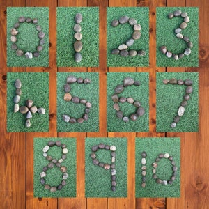 Stenen op gras natuurnummerkaarten 0-10 afdrukbaar EYFS-hulpmiddel Montesssori Reggio-geïnspireerd