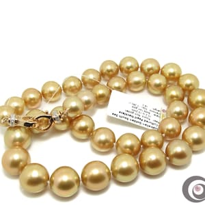 Organic Natural RICH GOLDEN Genuine South Sea Cultured Pearl Necklace, 14K Solid Gold Clasp with Diamonds #SN216
