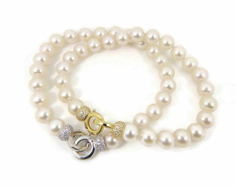 7.75" White Akoya Cultured Pearl Bracelet, 7.0mm - 7.5mm Japanese Seawater Pearls, Large Interlocking Clasp, 925 Sterling Silver #B530