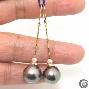 Weiße Akoya & riesige 13.5mm leuchtende TAHITIAN Südseeperlen Ohrringe, 750er Gelbgold #E1936
