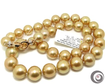 Collar de perlas cultivadas genuinas de los Mares del Sur, de oro intenso y natural, con cierre de oro macizo de 14 quilates y diamantes n.° SN216