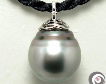 Enormous 15.7x18.5mm Genuine Tahitian Pearl Pendant, 14K Solid White Gold & Diamond #P4516