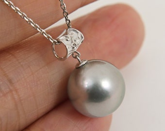 18K Solid White Gold Pendant, large 12.4mm Genuine Silver Gray Tahitian Pearl #P6084