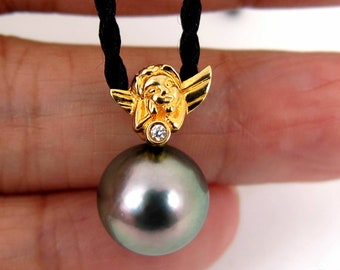 12.4mm Natural Metallic Peacock TAHITIAN South Sea Pearl Pendant, 18K Gold Vermeil / 925 Sterling Silver #SP1344