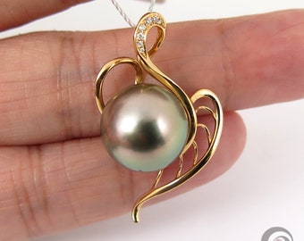 Mirror Luster Tahitian Pearl Pendant , Massive 14mm, Solid 18K Yellow Gold with Diamonds #P5797