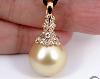 Heavy 18K Solid Yellow Gold & Diamond ENHANCER Pendant with Enormous 15.3mm Genuine CREAM GOLDEN South Sea Pearl #P5514