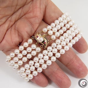 Classic Triple Strand Genuine WHITE Japanese AKOYA Seawater Pearl Necklace, 14K Solid Yellow Gold Clasp, Diamonds & Rubies #AN121