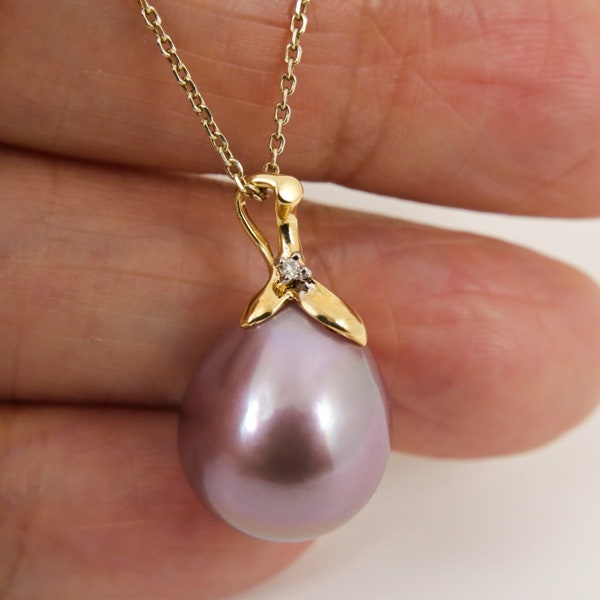 Huge Genuine Edison Pearl & Diamond Pendant, 18K Solid Yellow Gold, High Luster 13.8*15.6mm Lavender Cultured Pearl #P6079