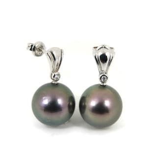 Luminous 13.6mm Huge Natural Color Genuine Tahitian Pearl Earrings, 925 Sterling Silver #SE434