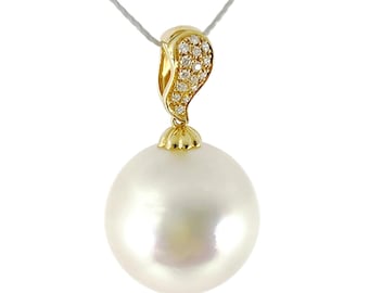 18K Yellow Gold South Sea Pearl Diamond Pendant, Gigantic 16.5mm Round Pearl #P4244