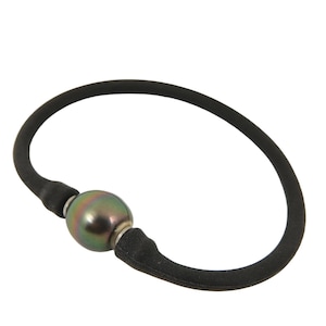 Peacock South Sea Tahitian Pearl Bangle Bracelet, Large 12.28mm Seawater Pearl, Black Silicone Rubber #B556