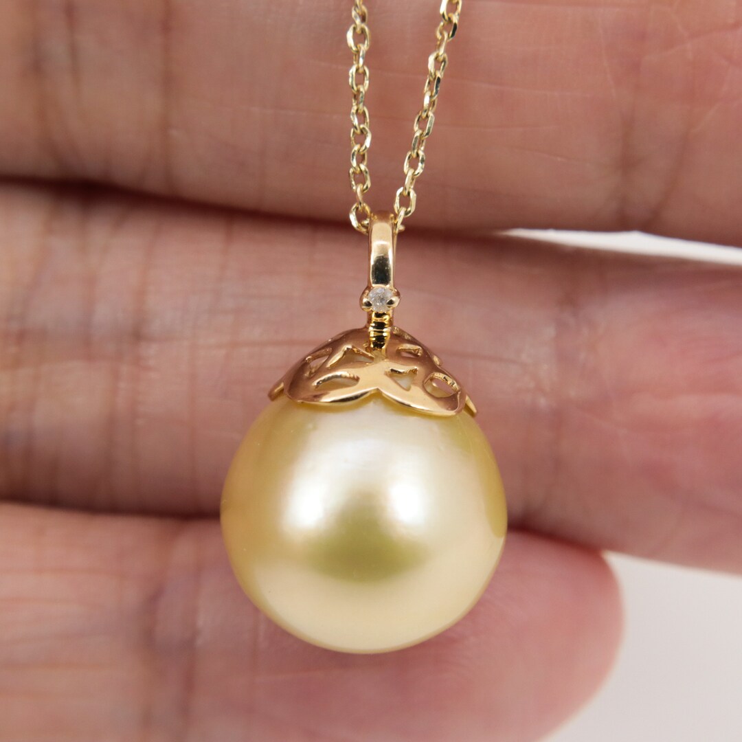 Huge 13.5 X 14.0mm Natural GOLDEN South Sea Cultured Pearl Pendant, 14k ...