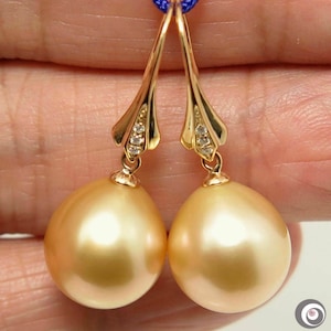 18K Gelbgold Ohrringe, Echte Diamanten & 12x13mm Natürliche GOLDENe Südsee Zuchtperlen #E1863