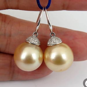 18K Solid Gold Ohrringe, echte Diamanten & Massive 14.6 mm Natürliche GOLDENE Südsee-Zuchtperlen #E1804
