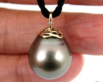 Enormous Tahitian South Sea Pearl Pendant, 14K Solid White Gold, Diamond- 15.7*18.4mm Pearl #P5613