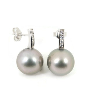 Huge 13.2mm Natural Color Genuine Silver Tahitian Pearl Earrings, 925 Sterling Silver #SE435