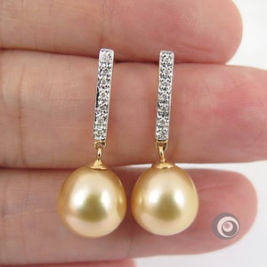 18K Solid Gelbgold & Diamant Ohrringe mit Echte GOLDENE Südsee-Zuchtperle #E1952