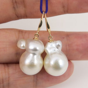 Huge Natural Color Genuine South Sea Baroque Pearl Hook Dangle Earrings, 14K Solid Yellow Gold #E2424