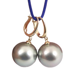 RIESIGE 13.3 mm echte Tahitiperlen Ohrringe an Klappbrisur, 585er Gelbgold #E2377